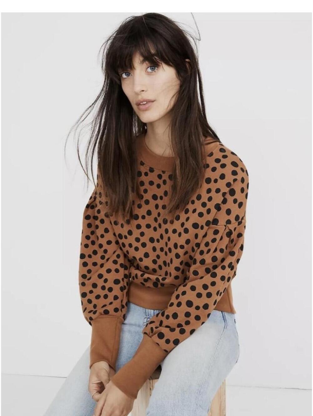 Madewell Pleated-Sleeve Leopard Dot Cropped sweatshirt, size XS